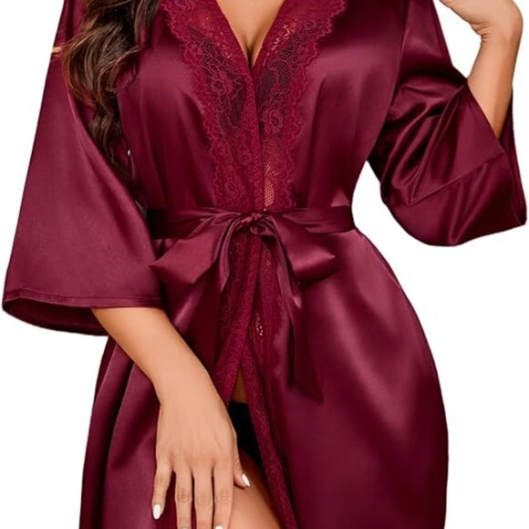✨ NWOT Women's Kimono Sexy Short Satin Robe Deep Burgundy Red - Size Small - Picture 3 of 8